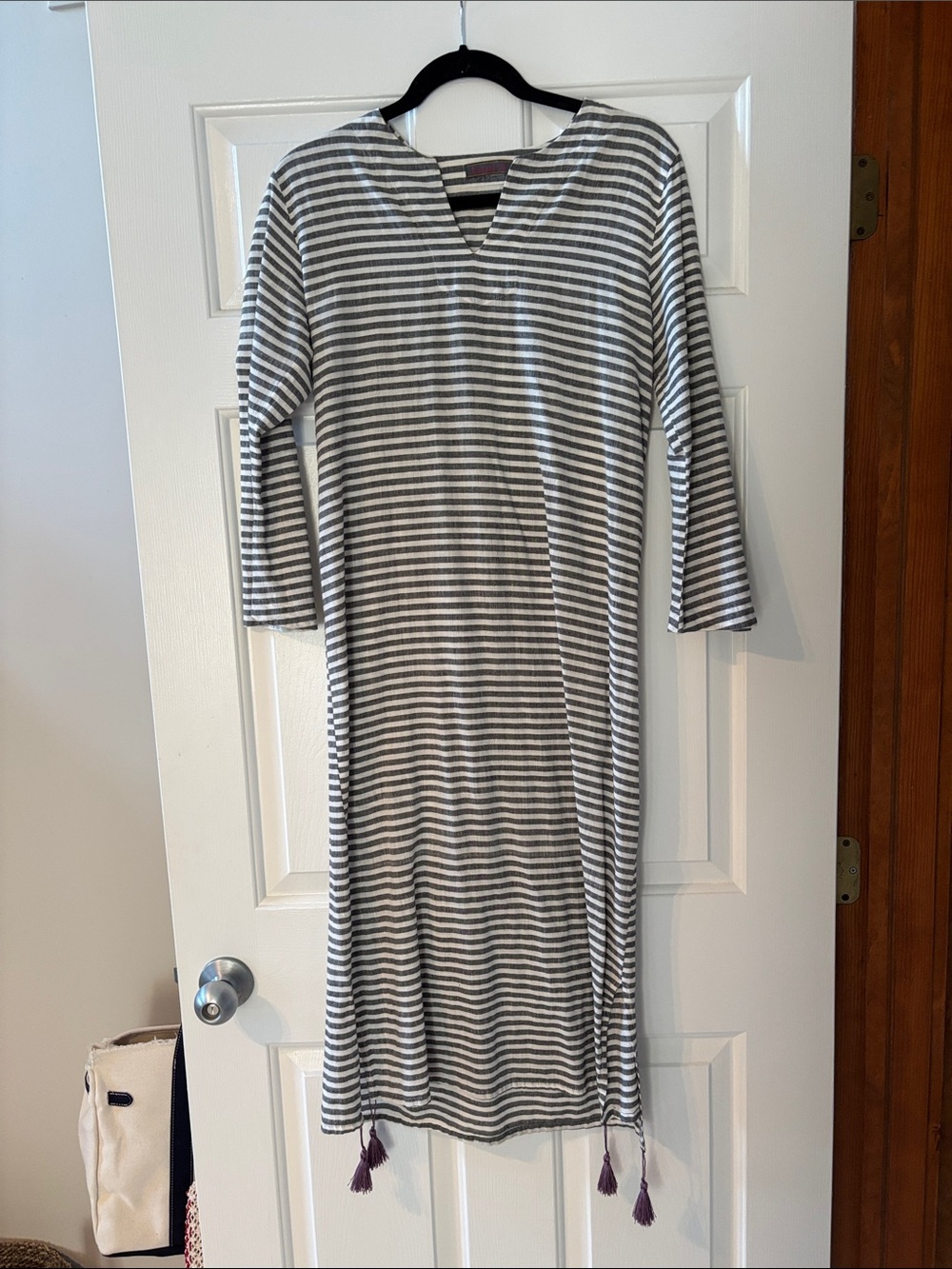 Striped Gray and White Dress with Tassel Hem